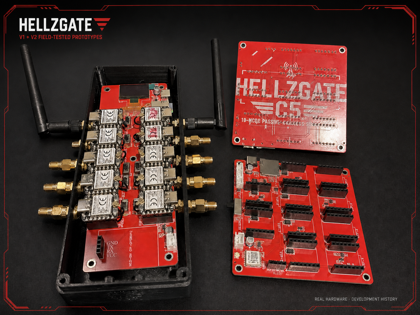 Actual HellzGate V1 and V2 field-tested prototype circuit boards